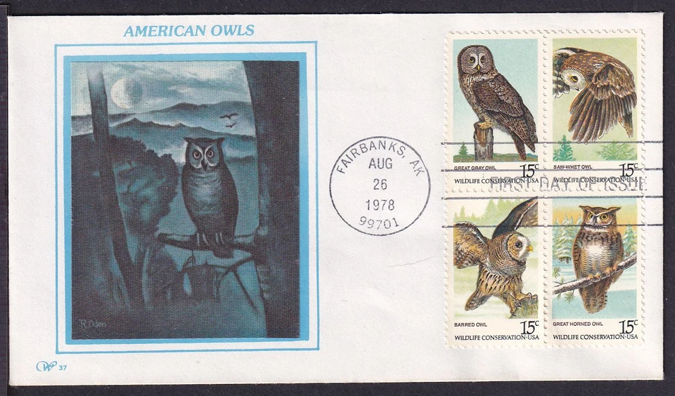 1978 Owls 4 different designs Sc 1760-1763 1763a FDC with Western Silk cachet - Image 1 of 1
