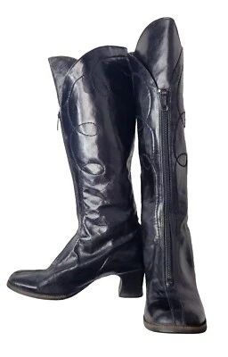 Alpine Vintage 60s 70s Black Leather Mod Go Go Gogo Knee High Boots Womens 5 M - Image 1 of 4