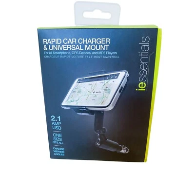 IEssentials 2.1 Amp USB Rapid Car Charger & Universal Mount 1 Size NEW DMG PKG - Image 1 of 3