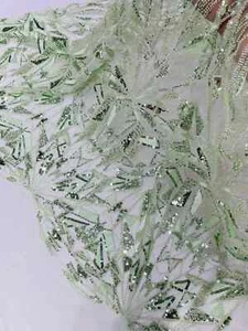 Sage Green Beaded Fabric By The Yard, Luxury Geometric Design Beads and Sequins - Picture 1 of 4