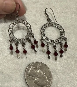Lovely Earrings Sterling Silver Filigree AB Red Fringed Crystal French Hook - Picture 1 of 6
