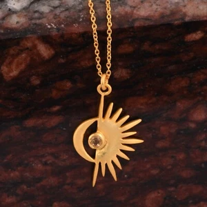 18k Gold Plated Sun Crescent Half Moon Pendent Charm Necklace With Citrine - Picture 1 of 6