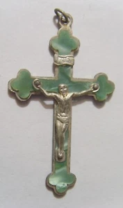 1930s antique catholic crucifix cross greenish inlay religious pendant 53956 - Picture 1 of 4