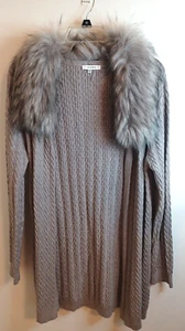 Sioni Open Front Cardigan Sweater M Gray Cable Knit Faux Fur Neck Detachable - Picture 1 of 9