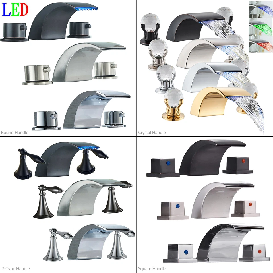 BWE 8 In Widespread Led Bathroom Faucet Basin 3 Hole Waterfall Vanity Sink Mixer Tap