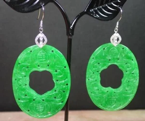 925 Sterling Silver Hook Green Jade Circle Flower 2 Bats Fortune Dangle Earrings - Picture 1 of 12