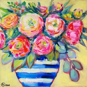 oil paintings original flowers Abstract Floral Wall Ar Whimsical Blue Ginger Jar - Picture 1 of 8