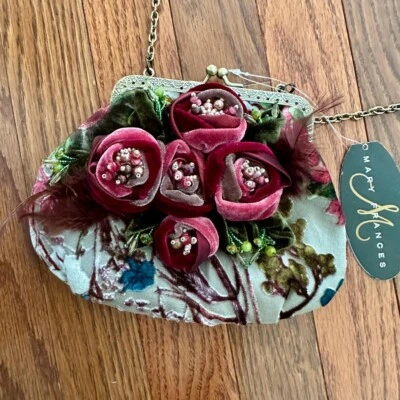 NWT Mary Frances Rosette Kiss Lock Mini Velvet Floral Beaded Feathers Frame Bag - Image 1 of 4