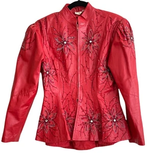 Vtg 80s Embellished Red Leather Suit Jacket Women M Mob Wife Dynasty Cinched - Picture 1 of 12