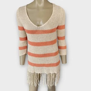 Willow & Clay Linen Blend Fringed Knit Lightweight Sweater Size S Striped Cream - Picture 1 of 14