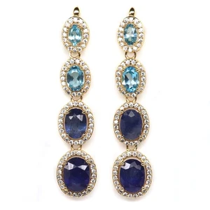 Pendientes De Zafiro Azul, Topacio Y Circonita De Plata Esterlina 925 6 X 8 Mm - Imagen 1 de 4