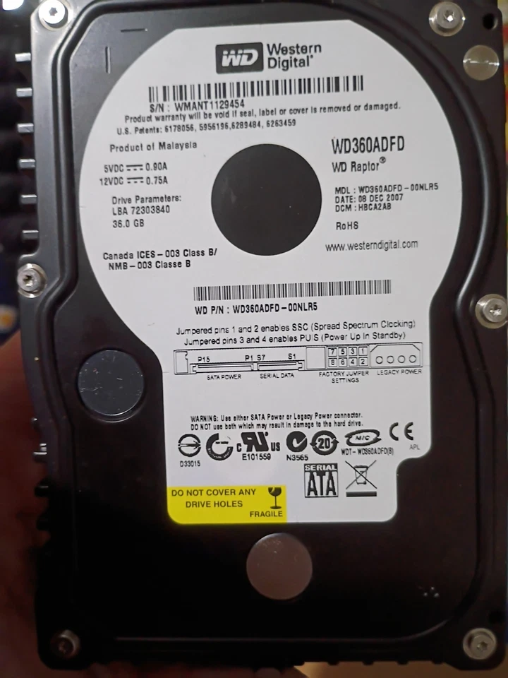 WESTERN DIGITAL RAPTOR WD360ADFD-00NLR1 36GB SATA HARD DRIVE DCM: HBCA2AB - Image 1 of 4
