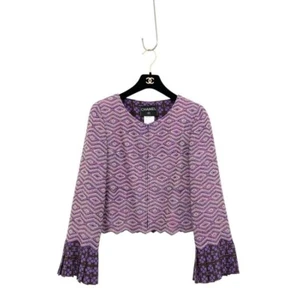 CHANEL Geometric Pattern No Collar Jacket Purple Clover Zip Blouson Size 40 - Picture 1 of 8