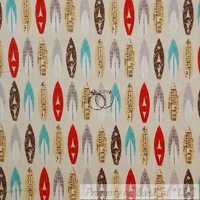 BonEful Fabric FQ Cotton Quilt Brown Red Blue Beach Boy Surf Board Print Stripe - Image 1 of 4