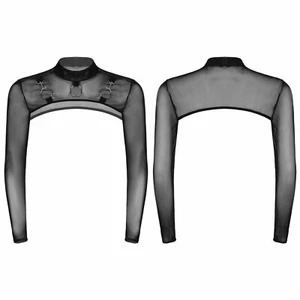 Herren Durchsichtiges Crop Top Muskelshirt Mesh Langarm Shirt Hemd Kurz Clubwear - Picture 1 of 16