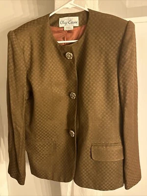 Blazer vintage Oleg Cassini para mujer talla 12 cuadrado marrón chaqueta a cuadros Foto 1 de 4