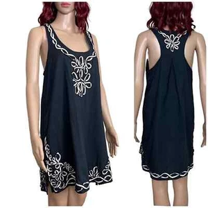 Mud Pie Summer Shift Dress Womens Large Black Appliqué Tunic Cotton Lightweight - Picture 1 of 12
