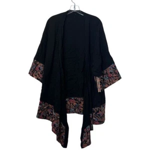 Kimono One Size Jacket Open Front Cardigan Cloak Black Paisley Cotton Linen Long - Picture 1 of 6