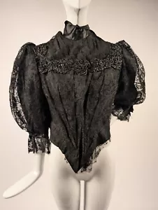 VICTORIAN 1890’S BLACK CHANTILLY LACE BODICE W JET BEADING - Picture 1 of 4