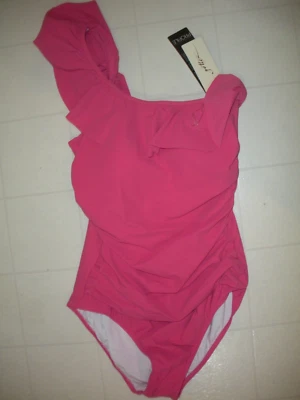 Profile Gottex Rose Tutti Frutti 1 Pc 1 Shoulder Ruffle Swimsuit Sz 14 NWT - Image 1 of 2