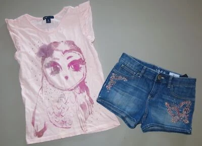 Gap kid denim jean sequin shorts pink owl short sleeve tank top t-shirt 8 9 10 M - Image 1 of 4