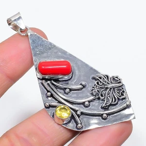 Italian Red Coral, Citrine Gemstone 925 Sterling Silver Pendant 3.15" For Her h4 - Picture 1 of 2