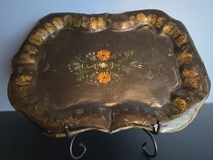 Antique 1800s French Tole Hand painted Tray Black Floral Metal - Picture 1 of 14