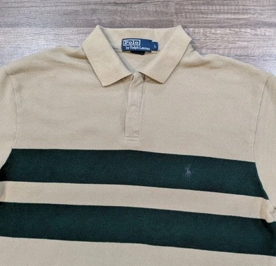 Vintage Polo Ralph Lauren Mens L Waffle Knit Mesh Tan/Green Striped Cotton Shirt - Image 1 of 4