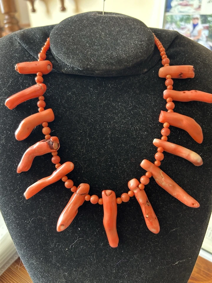 Branch Coral And Italian Round Coral Bead Necklace With Silver Clasp - Image 1 of 1