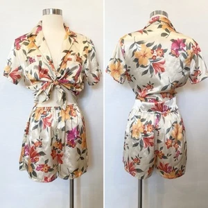 90s Victoria’s Secret Silky Satin Hawaiian Floral Print Vintage PJs Top Shorts - Picture 1 of 8