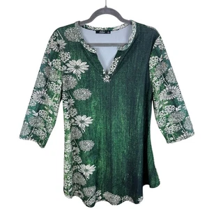 Lily by Firmiana grün weiß geblümt 3/4 Ärmel Schlitz Ausschnitt stretchig Bluse Gr. L - Bild 1 von 6