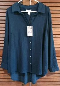 NWT Martha Stewart Collection Linen Blend Button Blouse Navy Blue Sz 2X - Picture 1 of 10
