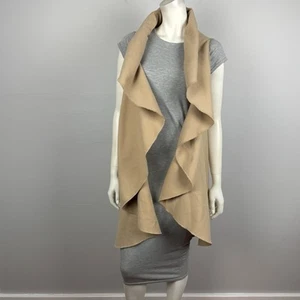 New Look Size L, Sleeveless Duster Jacket Vest Beige Camel Waterfall Collar NEW - Picture 1 of 11