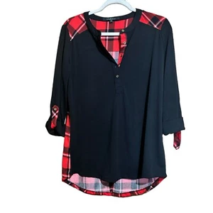 Calessa Top Small Multicolr Plaid Mixed Print Roll Tab Sleeve Stretch Blouse - Picture 1 of 7