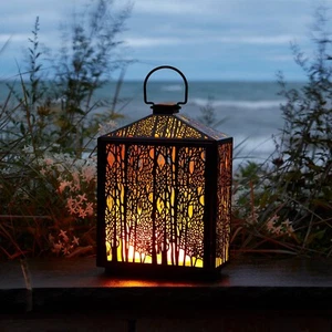 Forest Cut Black Iron Lantern Gold Accent Holds Pillar Candle Centerpiece 16" H - Picture 1 of 8