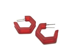 Cherry Red Honeycomb Hex Vintage Lucite Frosted Hoop Earrings - Picture 1 of 6