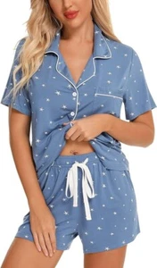 Leikar Women's Button Down Pajama Lounge Shorts Set, M Blue (B20) - Picture 1 of 3