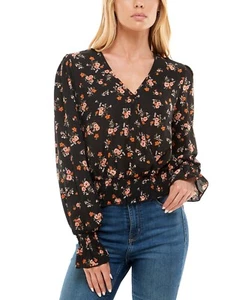 MSRP $34 Ultra Flirt Juniors' Floral-Print Smocked-Waist Top Black Size Medium - Picture 1 of 1