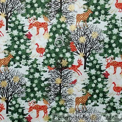 BonEful Fabric FQ Cotton Quilt VTG White Green Red Xmas Tree Snowflake Deer Dot  - Image 1 of 4