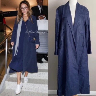 ✨Chaqueta Abrigo Largo Vintage CHANEL CC Logo Botón Dorado Jessica Alba Azul Lino Foto 1 de 4