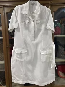 Azucar Ladies 100% Linen  Dress Short Sleeves White Size Medium Mother Of Pearl - Picture 1 of 12