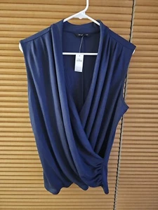 NWT Banana Republic Top LARGE Navy Blue Cross Front -Draped Sleeveless Stretch - Picture 1 of 4
