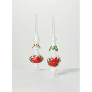 Finial Glass Set 2  Large Red White Poinsettia Holly  Christmas Table Decor 16" - Picture 1 of 4