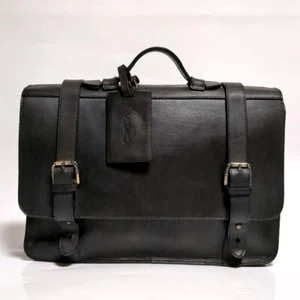 Polo Ralph Lauren Strap Briefcase Messenger Business Bag Black Leather used - Picture 1 of 18