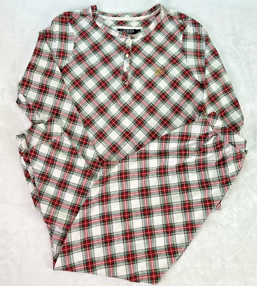 Lauren Ralph Lauren Plaid Pajama 2 PC Set SZ Medium Comfort Stretch Red White - Image 1 of 4