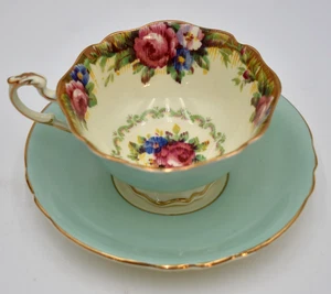 Taza de té y platillo rosa tapiz DE COLECCIÓN PARAGON borde festoneado verde doble garantía - Imagen 1 de 17