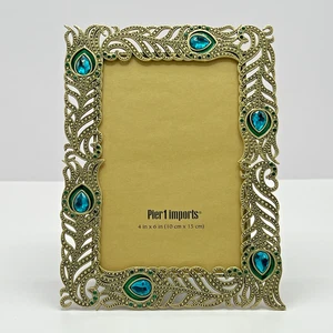 Pier 1 Imports Picture Frame Jeweled Gold Tone Metal Peacock Feather Pattern - Picture 1 of 16