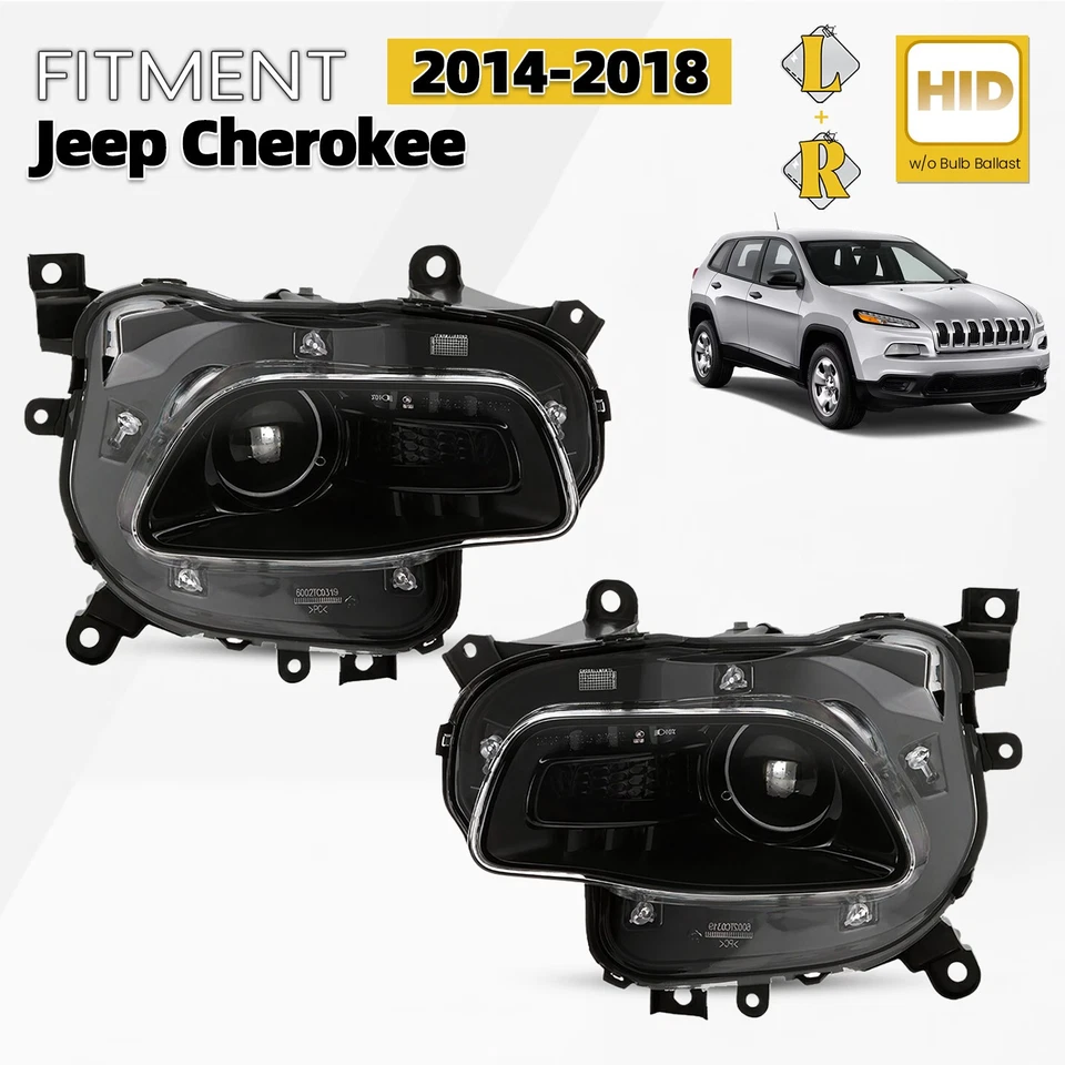 HID/Xenon Headlight For 2014-2018 Jeep Cherokee w/o Bulb Black Left+Right Pair Foto 1 de 4
