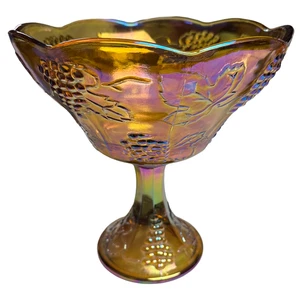 Vintage Amber Carnival Glass Compote Bowl Pedestal Grape & Leaf Iridescent - Picture 1 of 8