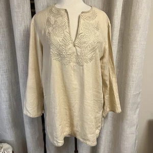 LAUREN BY RALPH LAUREN Embroidered Linen Tunic Lagenlook Xl Beige Old Money Boho - Picture 1 of 9